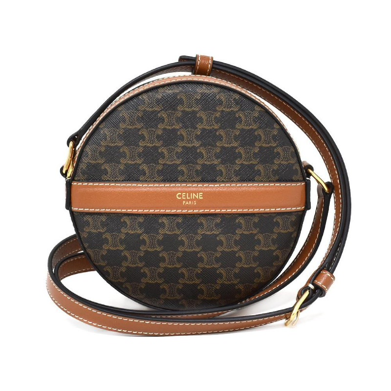 Celine Round Purse On Strap In Triomphe Canvas And Lambskin Black